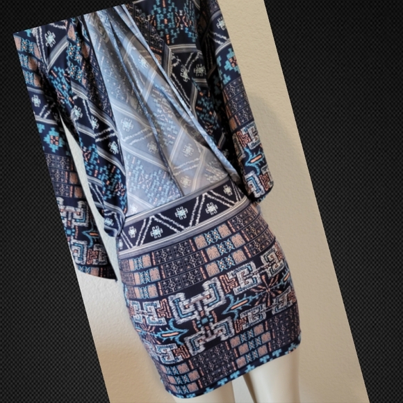 Misa Teget Twist Knot Navy Geometric Print Bodycon Mini Dress Sz S - Picture 7 of 10